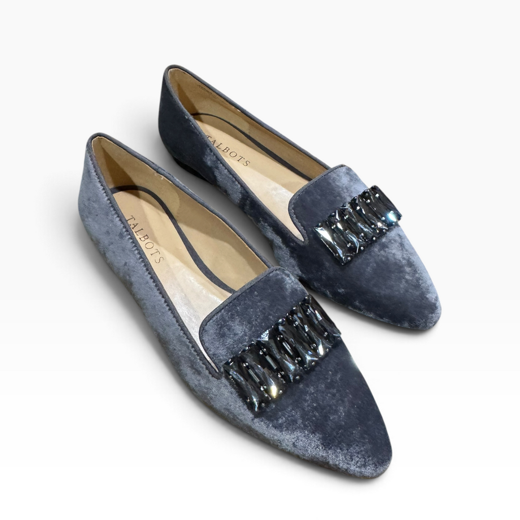Talbots Edison Stone Gray Velvet Jeweled Flats Women’s 8.5M - Pre-owned like new/excellent condition