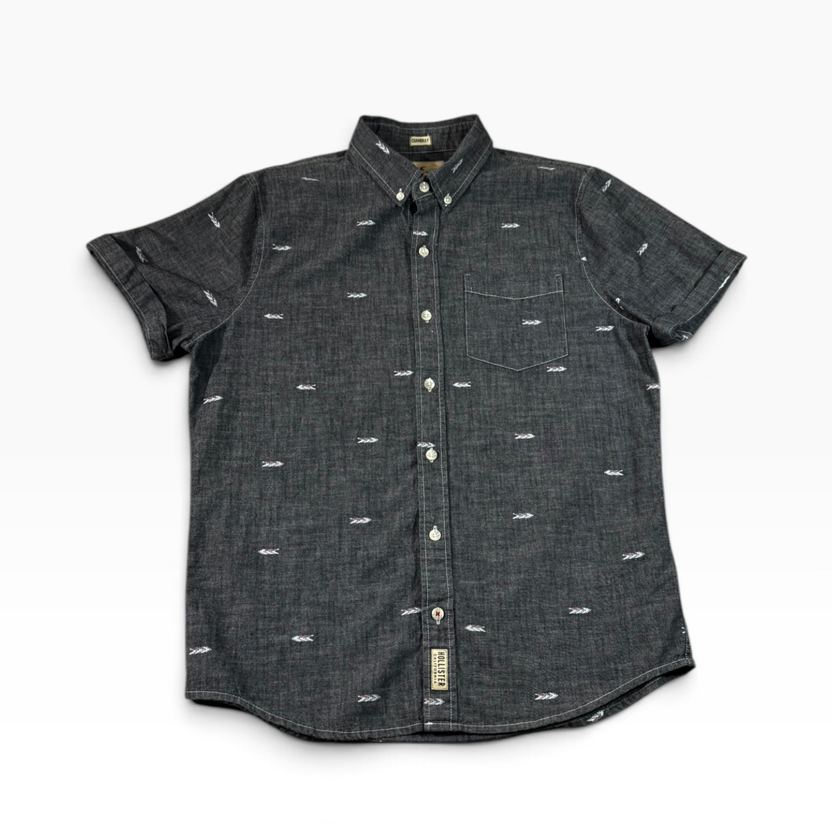 Hollister Men’s L Dark Chambray Arrow Print Short Sleeve Shirt Pre-owned