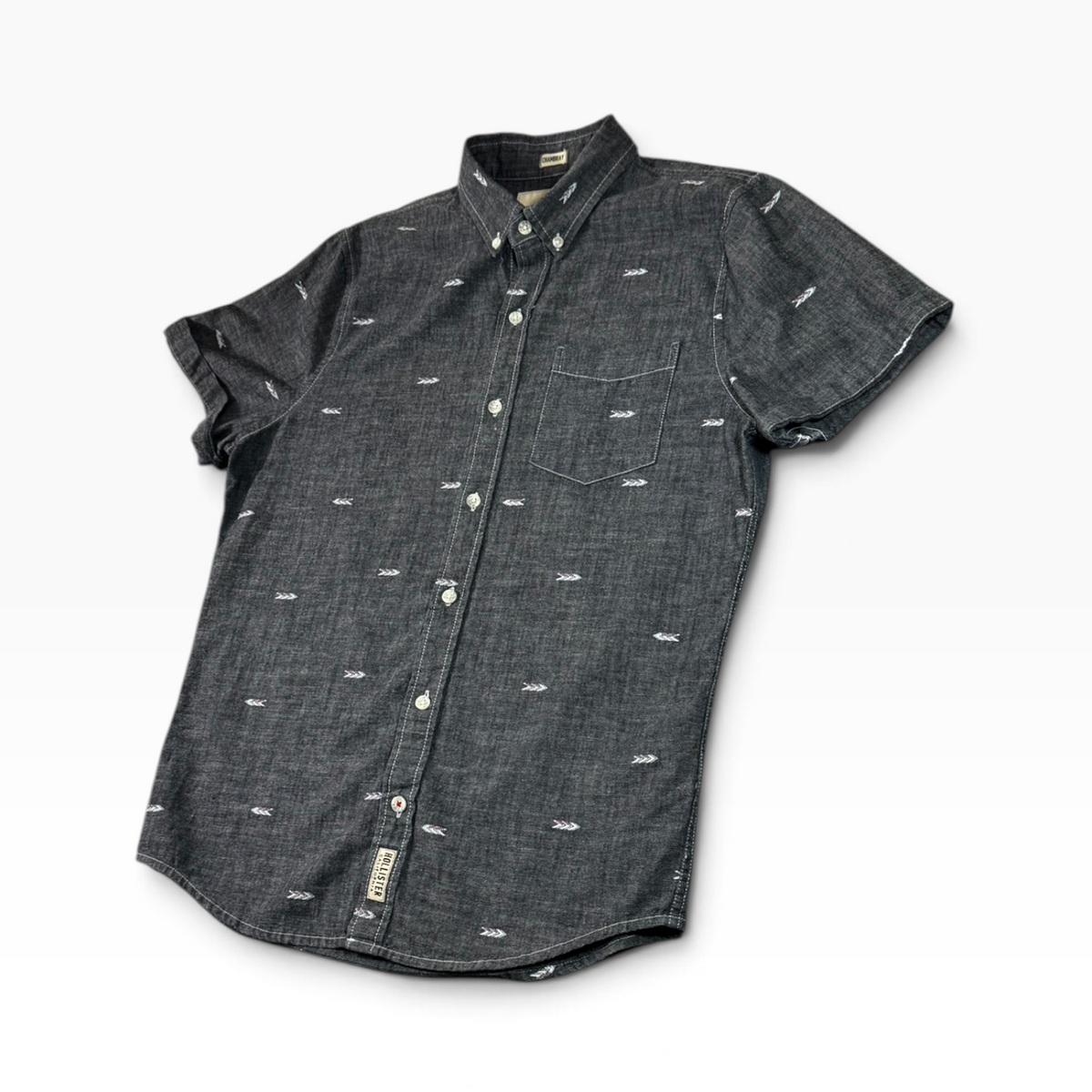 Hollister Men’s L Dark Chambray Arrow Print Short Sleeve Shirt Pre-owned