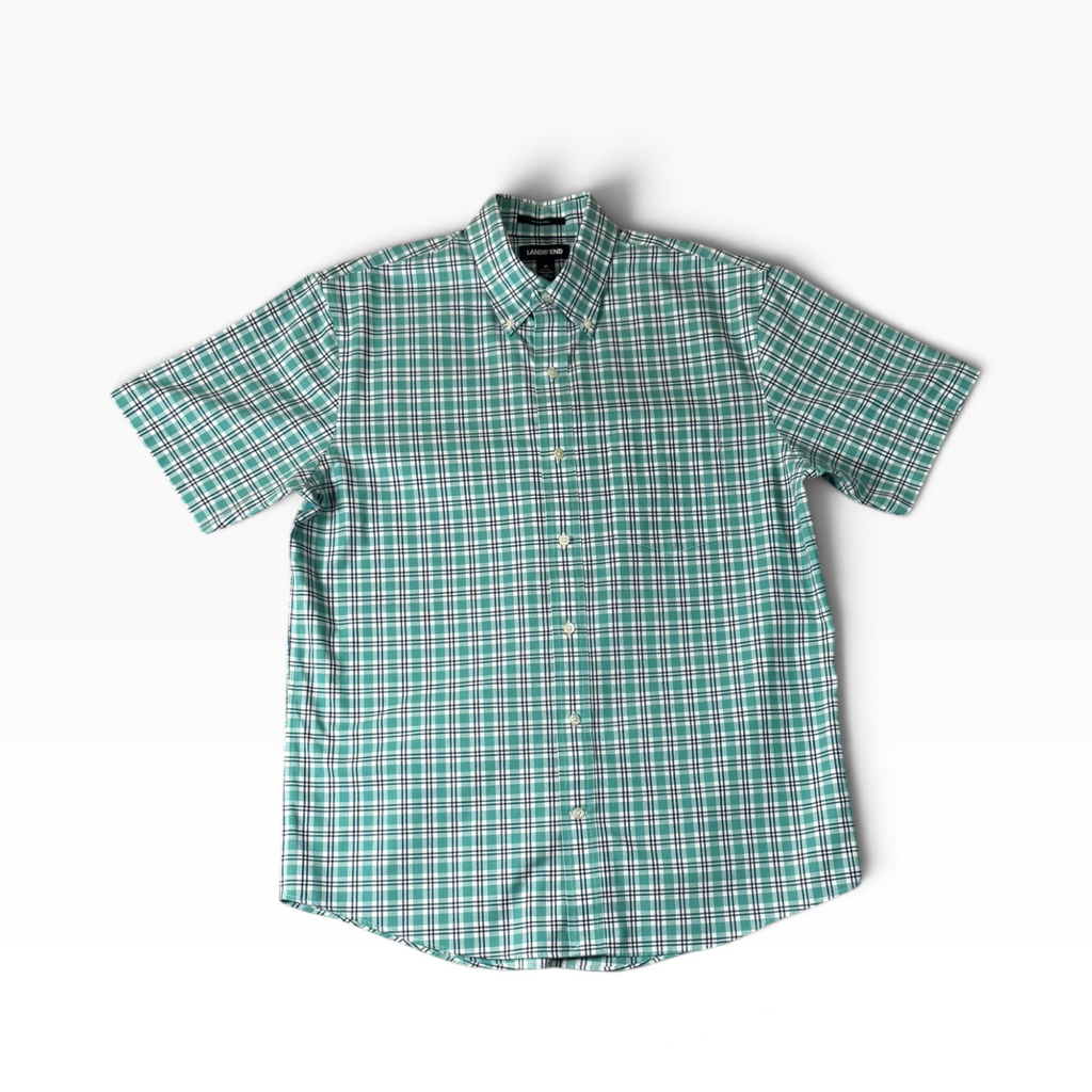 LANDS' END Men’s M Green Plaid Short Sleeve Button-Down Shirt - Pre-owned
