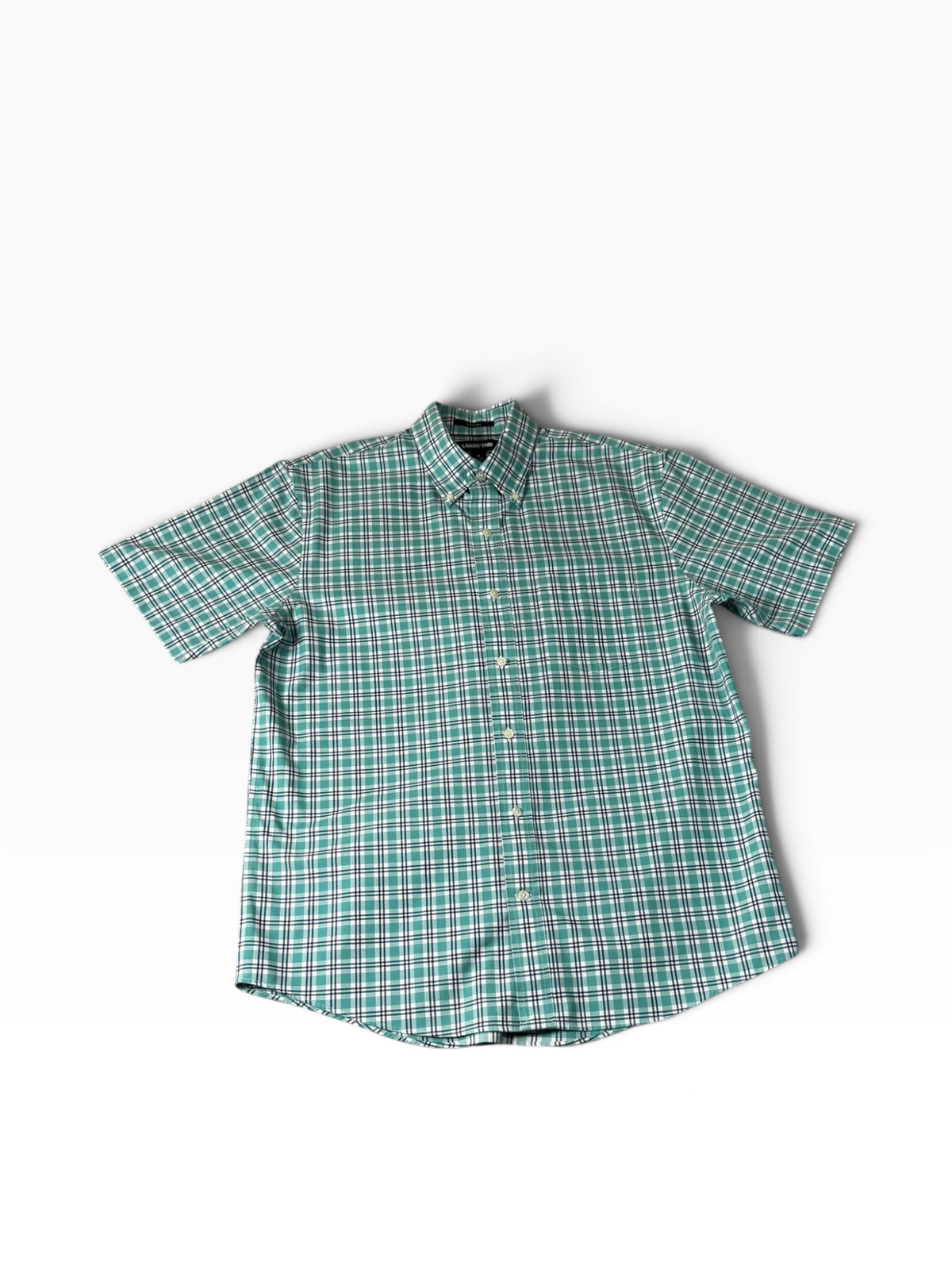 LANDS' END Men’s M Green Plaid Short Sleeve Button-Down Shirt - Pre-owned