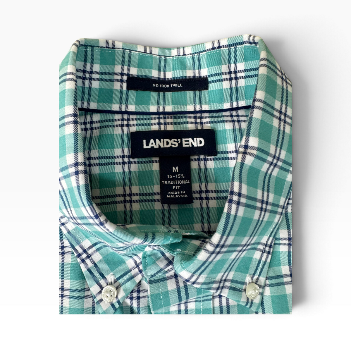 LANDS' END Men’s M Green Plaid Short Sleeve Button-Down Shirt - Pre-owned