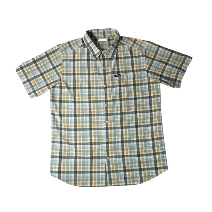 Columbia Men’s Large Plaid Short Sleeve Button-Up Shirt, Green Khaki - Pre-owned