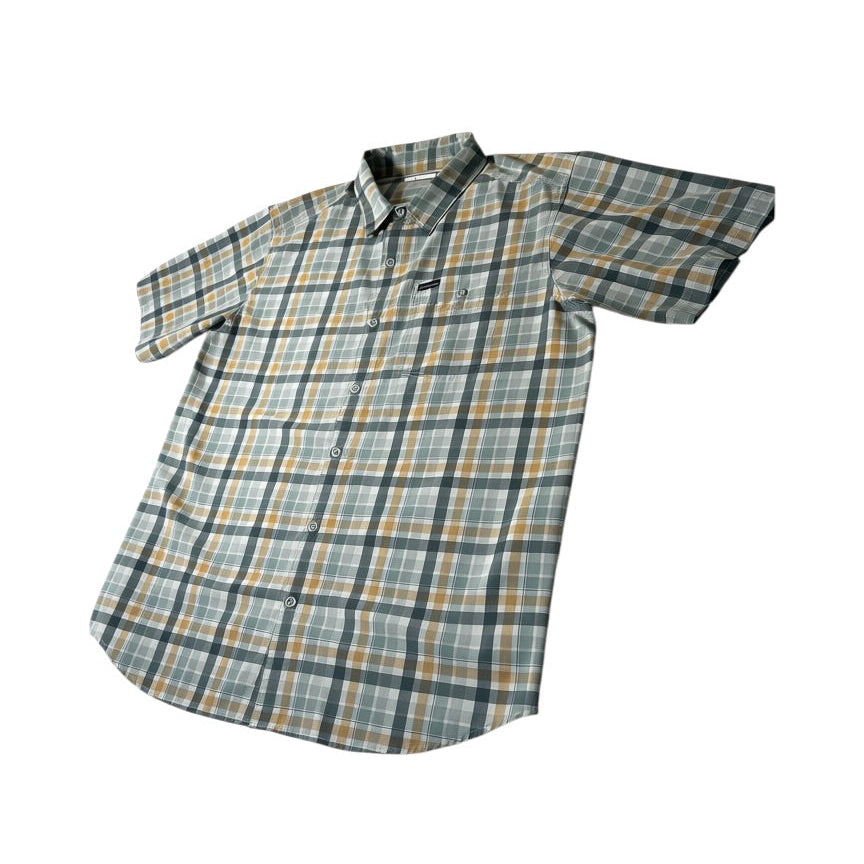 Columbia Men’s Large Plaid Short Sleeve Button-Up Shirt, Green Khaki - Pre-owned