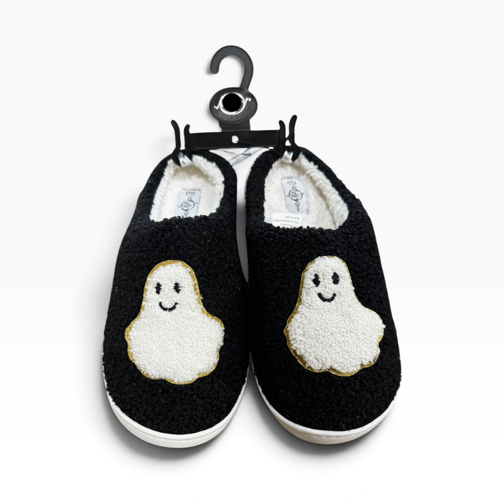 Sole Mates Women’ Black Smiling Ghost Sherpa Slippers - New