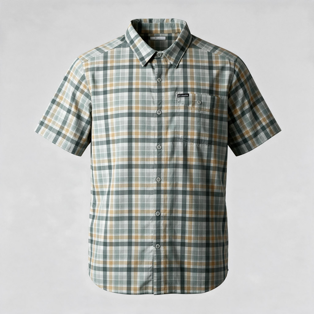 Columbia Men’s Large Plaid Short Sleeve Button-Up Shirt, Green Khaki - Pre-owned