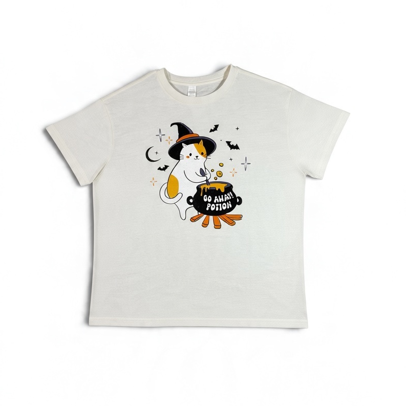Witch Cat “Go Away Potion” Halloween Graphic T-Shirt Cream - New