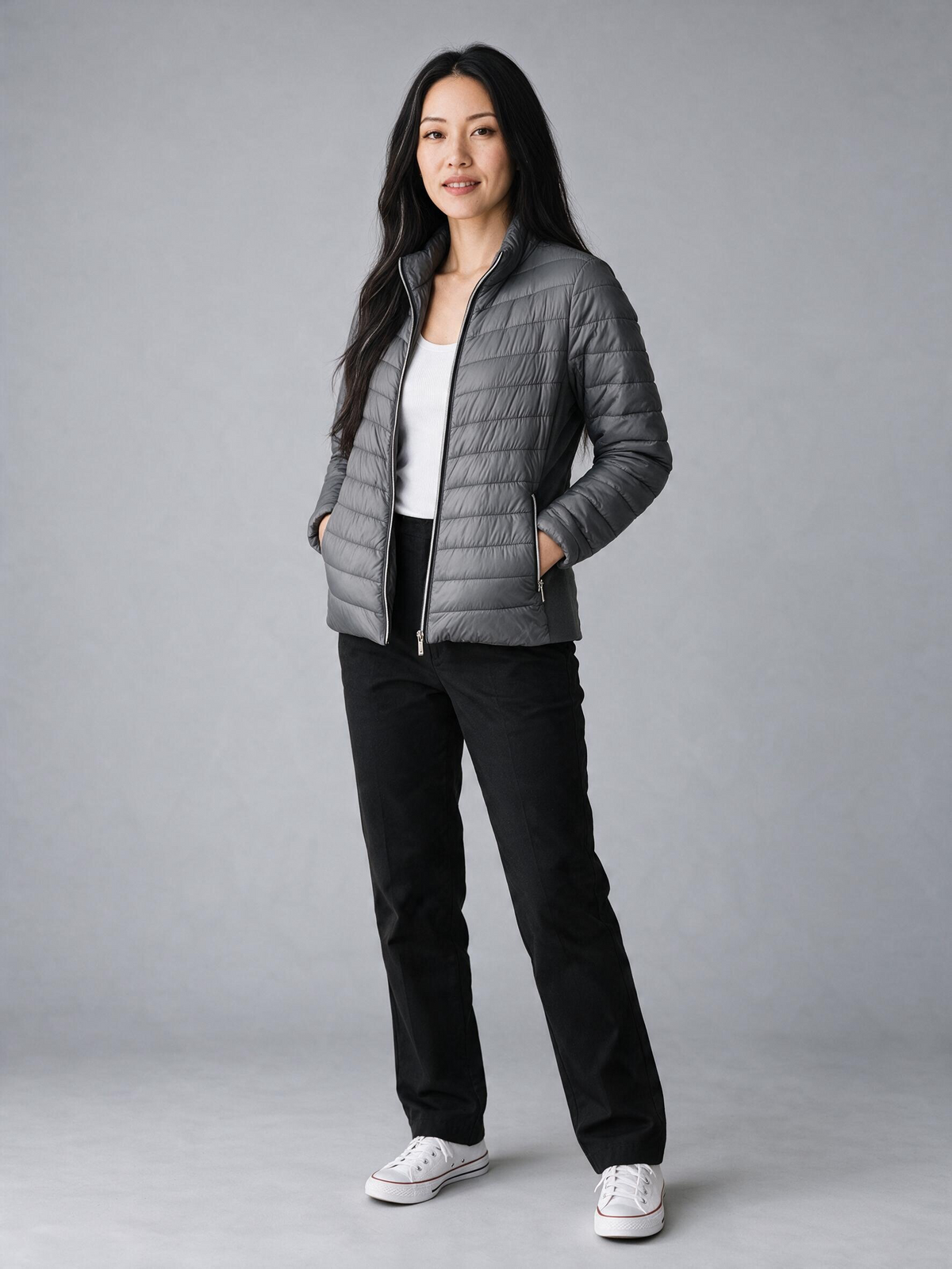 New York & Company Gray Quilted Puffer Jacket Stretch Panels - Pre-owned