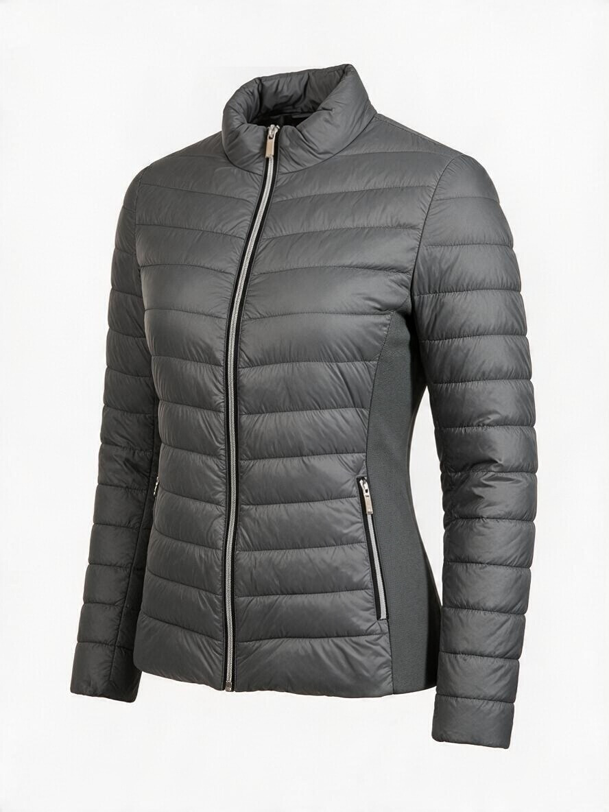 New York & Company Gray Quilted Puffer Jacket Stretch Panels - Pre-owned