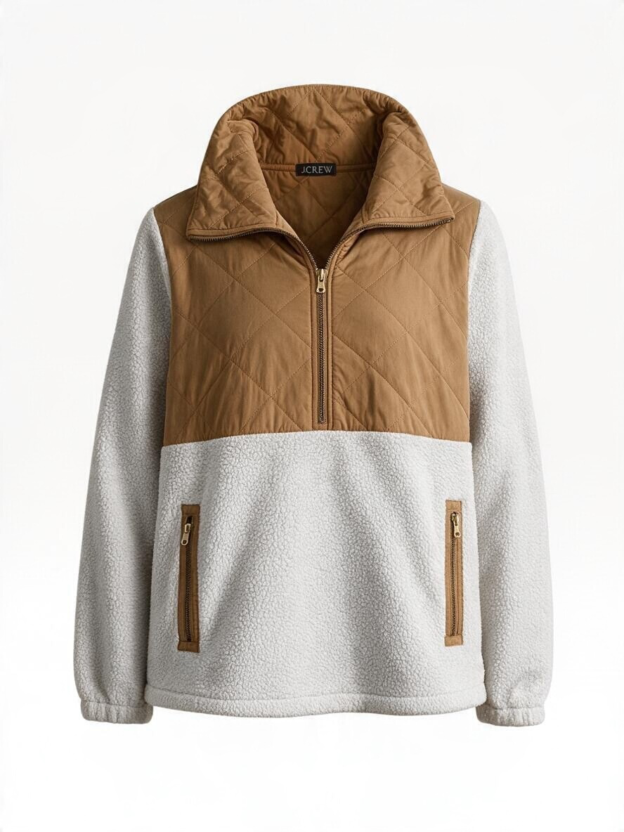 J.Crew Cream Sherpa Camel Quilted Quarter Zip Pullover M - Pre-owned