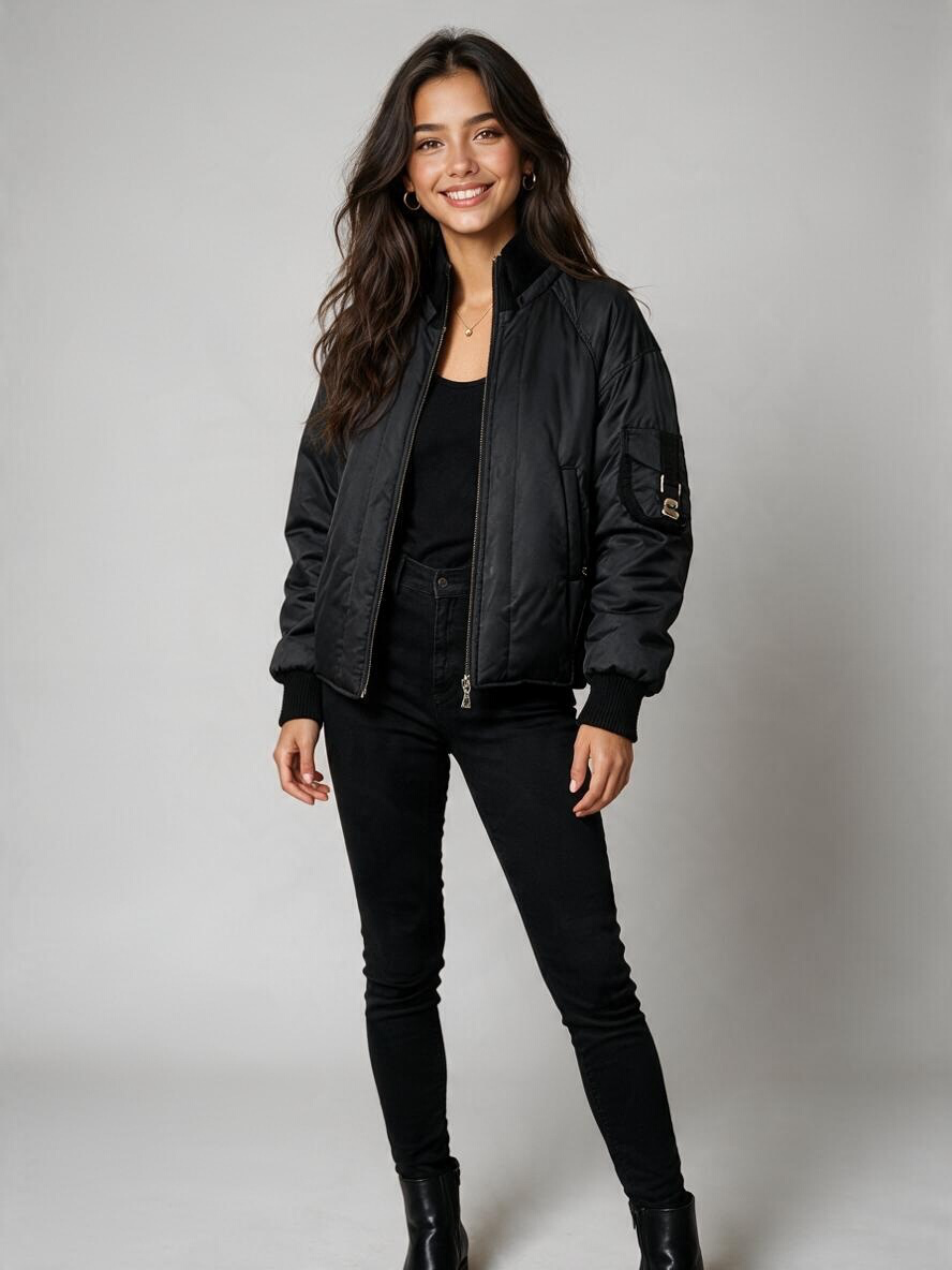 Vintage GUESS Black Cropped Utility Bomber Jacket M - Pre-owned