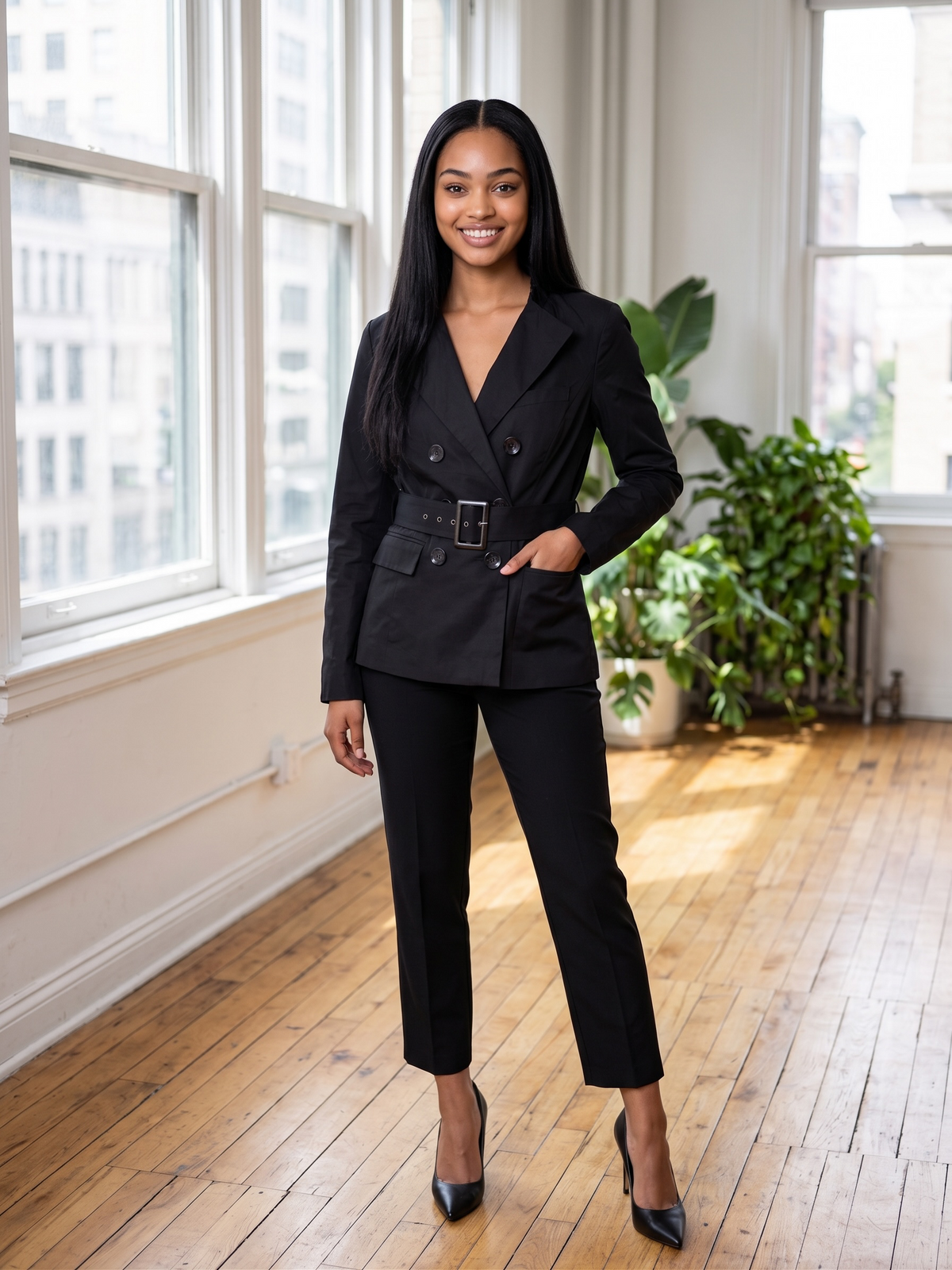 Chelsea & Theodore Black Double Breasted Belted Jacket Size 4 - Pre-owned