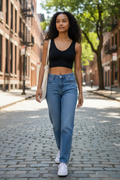 Ribbed V-Neck Cropped Tank Top – Black