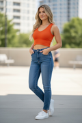 Ribbed V-Neck Cropped Tank Top – Coral Orange