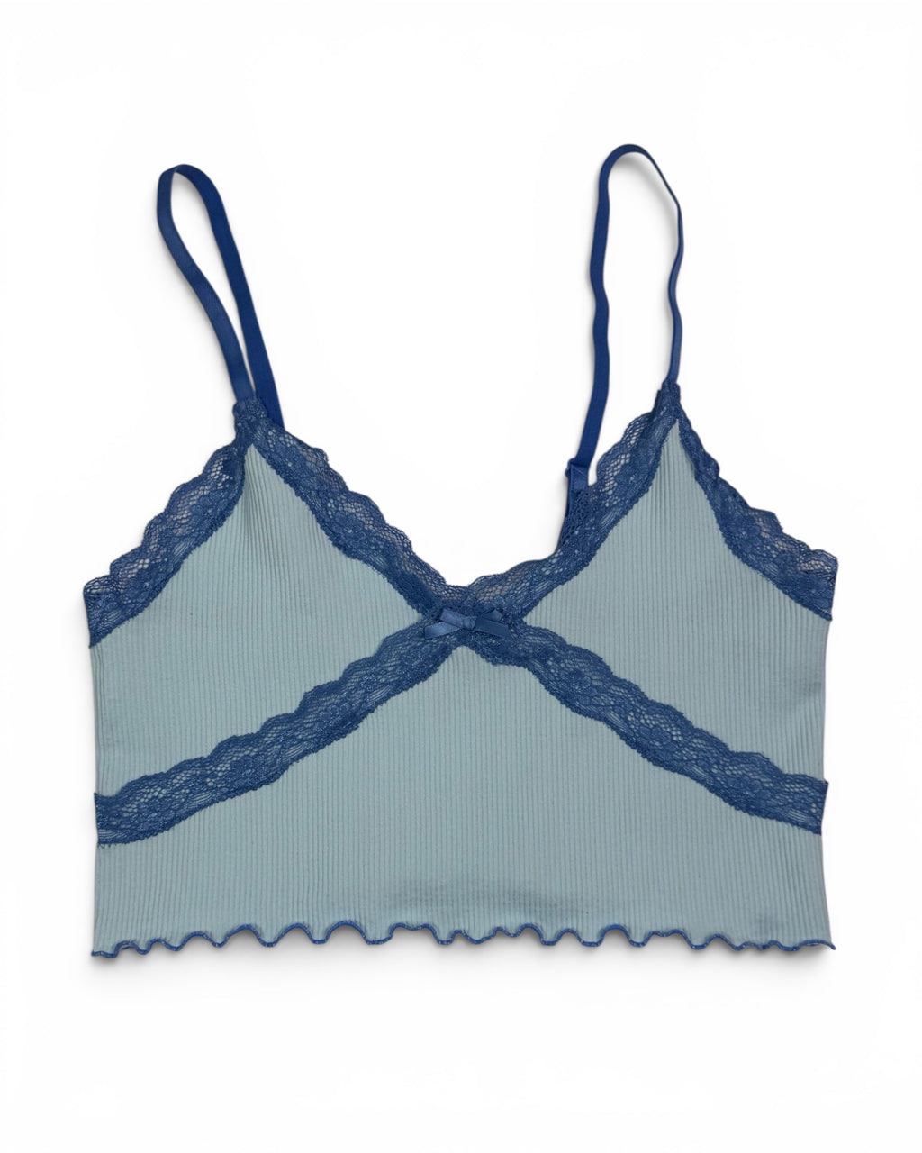 Women's Ribbed Lace Trim Cami Crop Top Light Blue- New With Tags