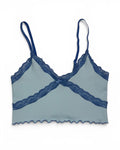 Women's Ribbed Lace Trim Cami Crop Top Light Blue- New With Tags
