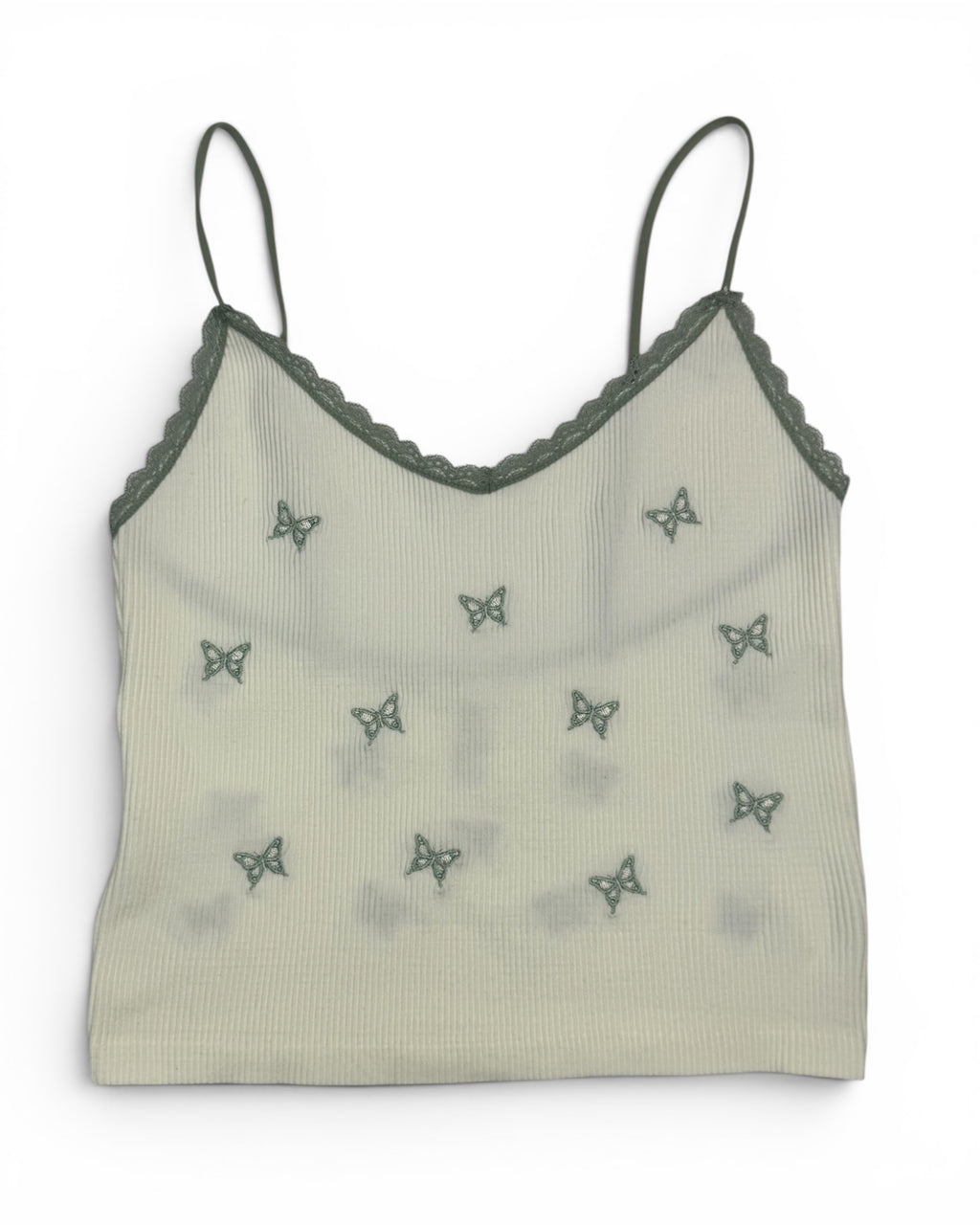 Camiseta sin mangas con bordado de mariposa acanalado para adolescentes – Marfil/Verde salvia – Nuevo con etiquetas