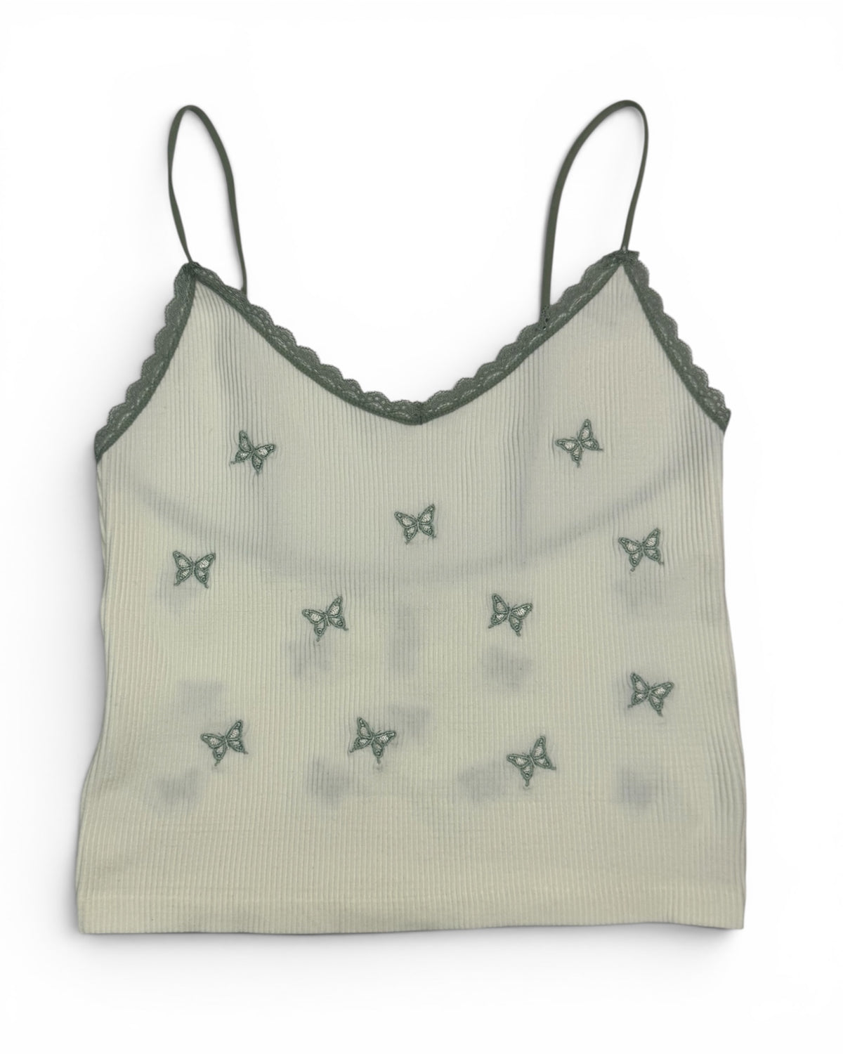 Teens Ribbed Butterfly Embroidered Cami Tank Top – Ivory/Sage Green – NWT