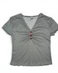 Women's Gray Ribbed V-Neck Top with Rose Button Detail NWT
