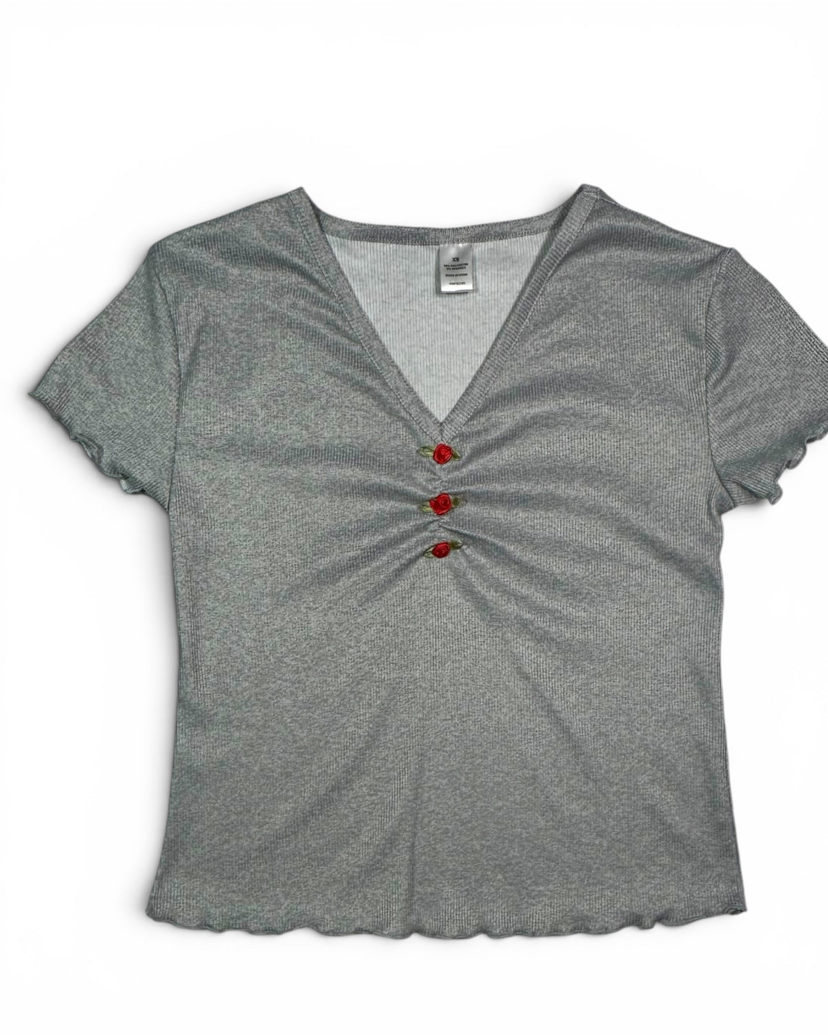 Women's Gray Ribbed V-Neck Top with Rose Button Detail NWT