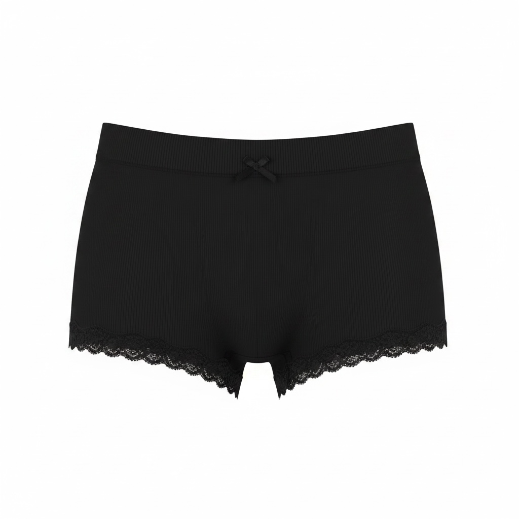 Women'S Seamless Ribbed Boyshort With Lace Trim – Black