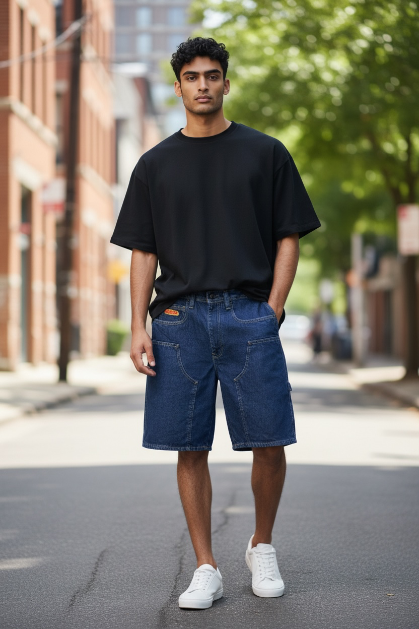 Empyre Double Men's Knee Carpenter Denim Shorts Dark Blue Size 30