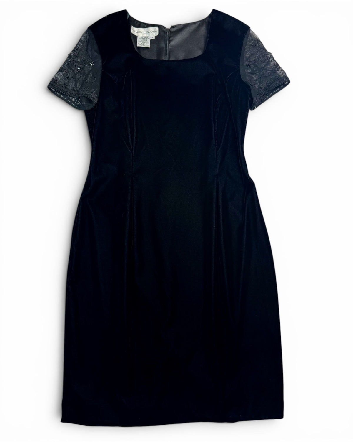Maggy London Black Velvet Cocktail Dress with Sheer Embroidered Sleeves - Size 8