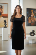 Maggy London Black Velvet Cocktail Dress with Sheer Embroidered Sleeves - Size 8