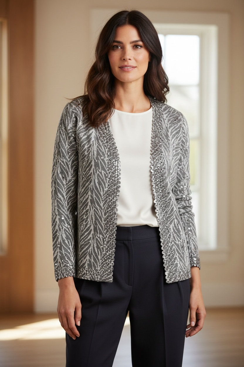Chances R Silver Gray Textured Open Front Cardigan Sweater/Jacket NWT Size Petite Large