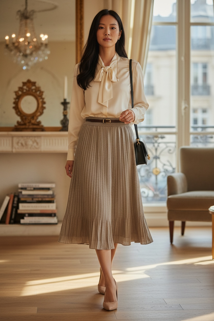 Metrowear Petite Metallic Pleated Midi Skirt Taupe Shimmer Size PL NWT