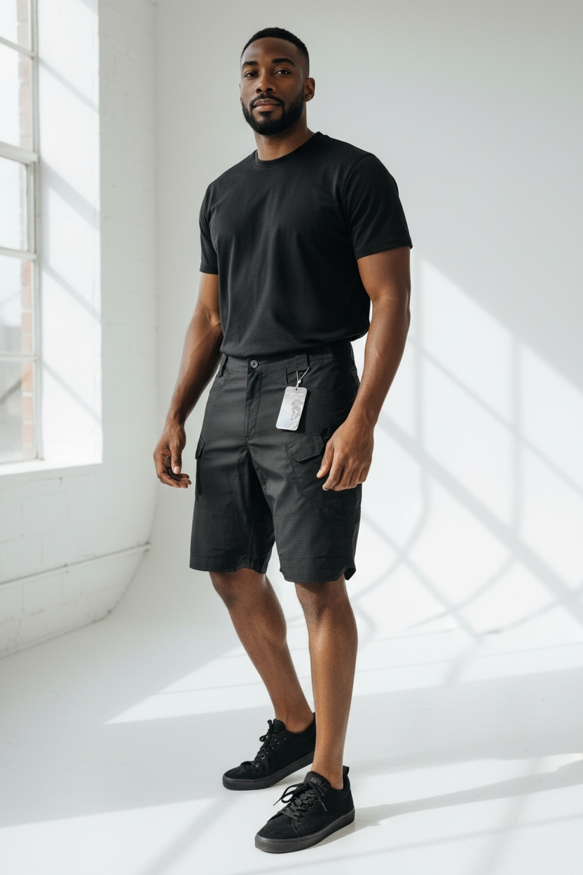 Men's Black Outdoor Cargo Shorts with Utility Pockets - Size Large