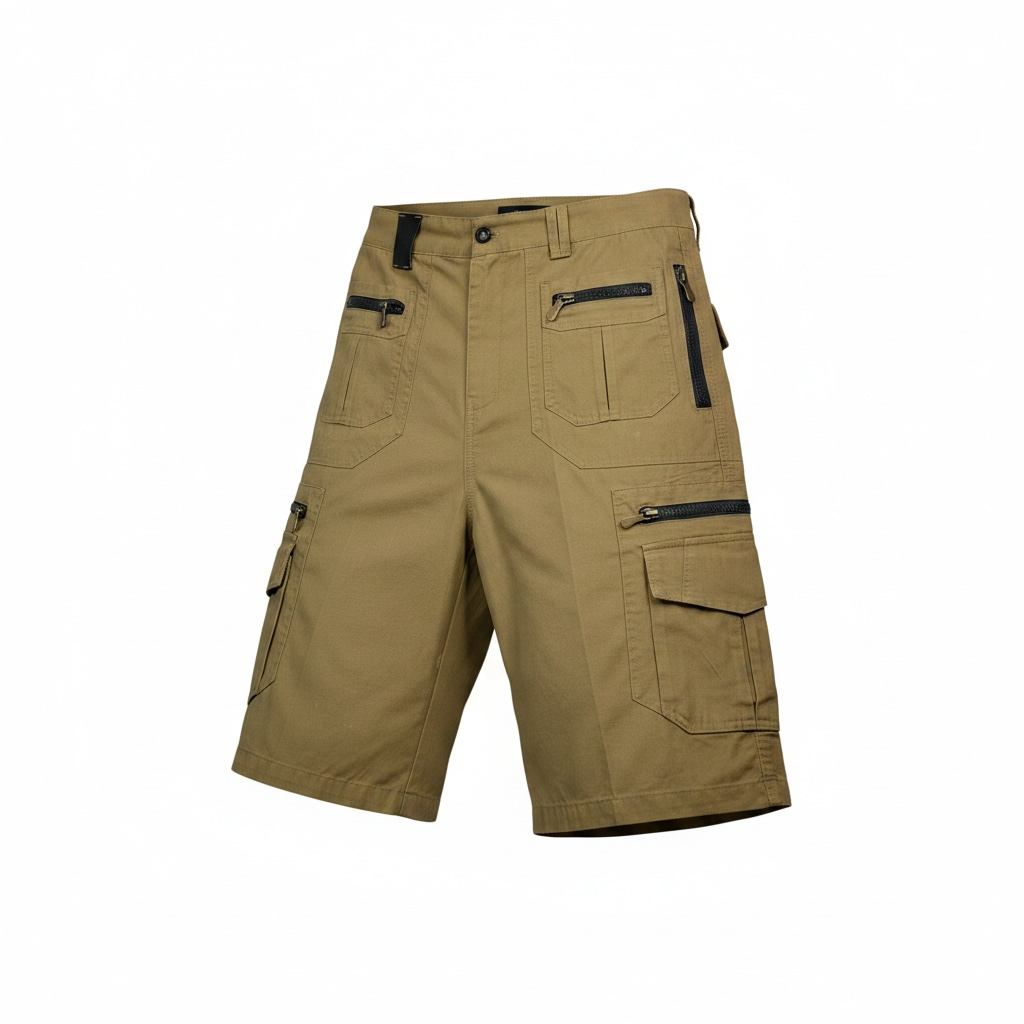 Men's Khaki Cargo Shorts with Zipper Pockets – Size Large