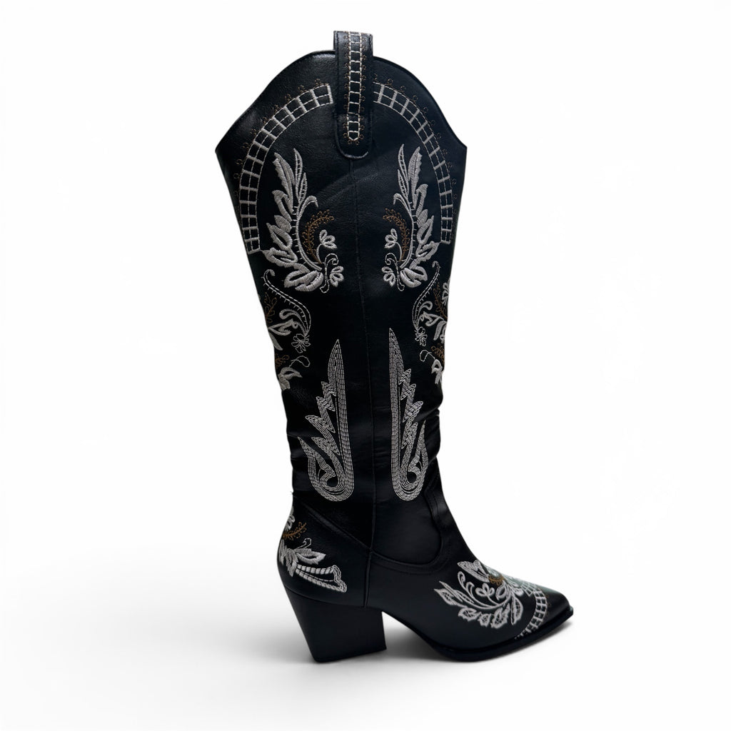 Women's Black Embroidered Western Cowboy Boots Mid-Calf Block Heel Size 41/10.5