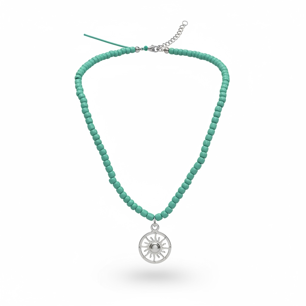 Teal beaded fashion necklace with Silver Tone charm