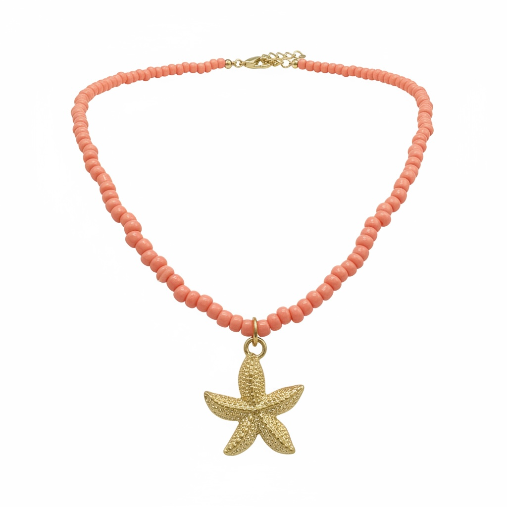 Orange Beaded Starfish Charm Fashion Necklace