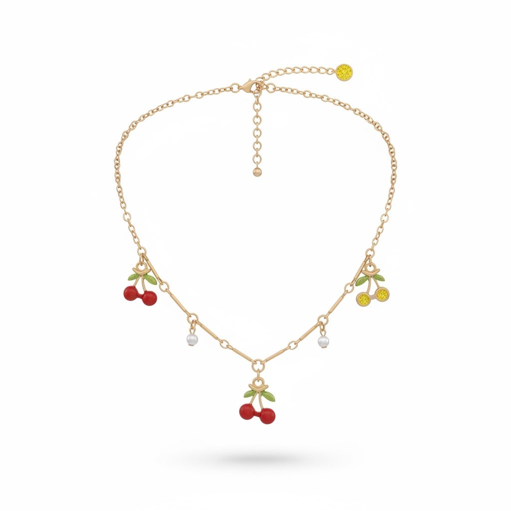 Cherry charm, pearl accents, and gold-tone necklace