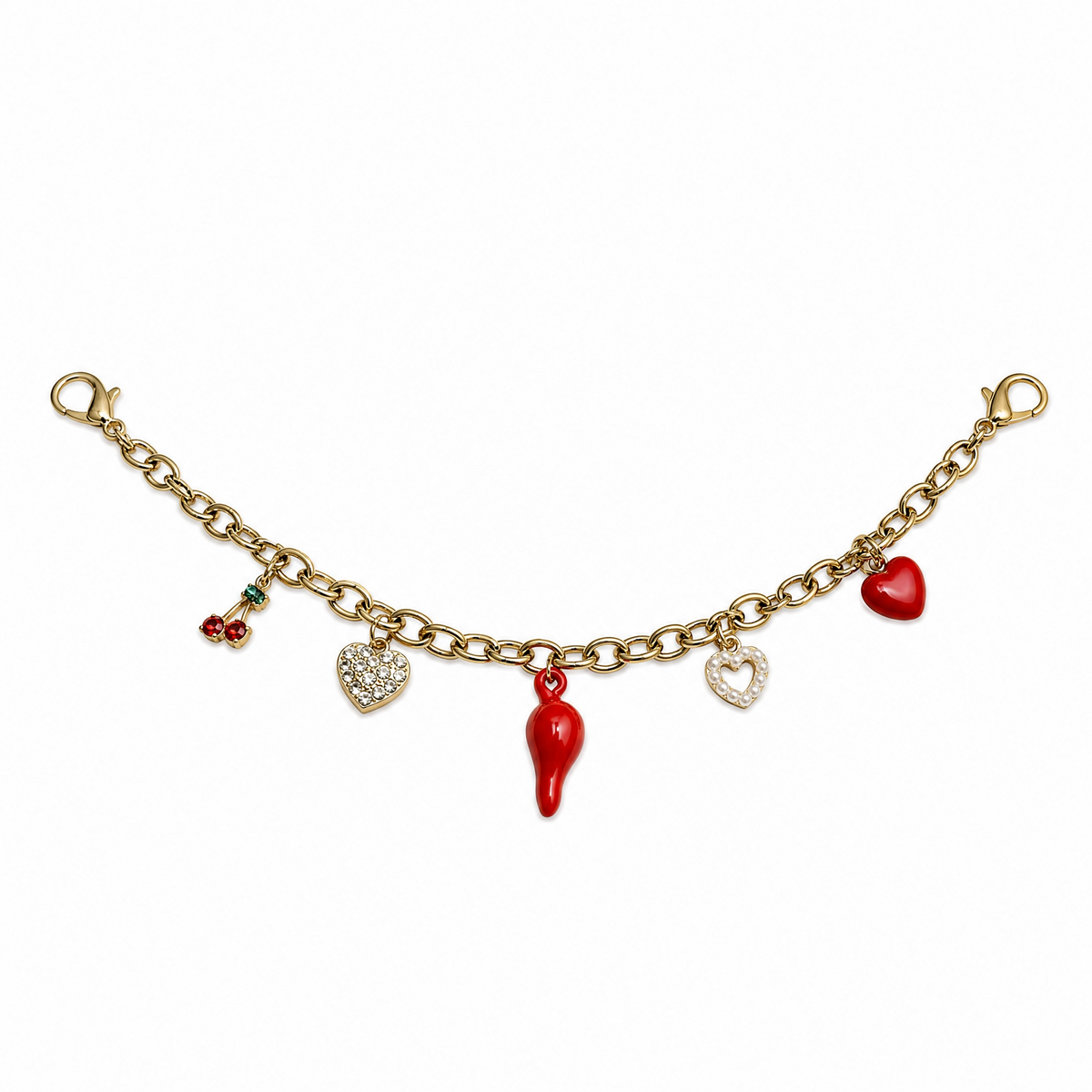 Heart, Red Chili Pepper, Bow & Gold-Tone Bag charm and bracelet