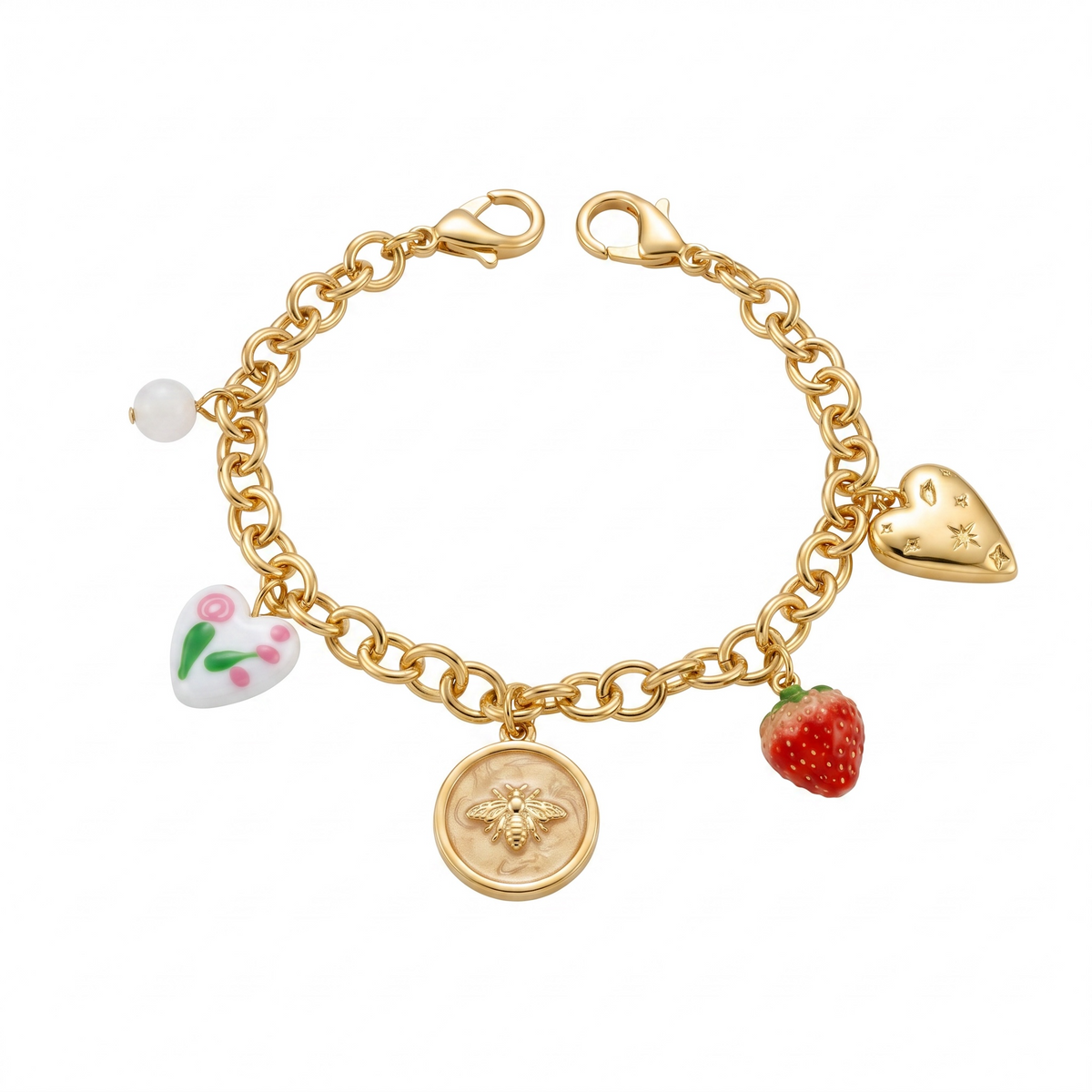 Pink Strawberry, Decorative Heart, Gold-Tone Heart medallion, Floral Heart Bag Charm & Bracelet