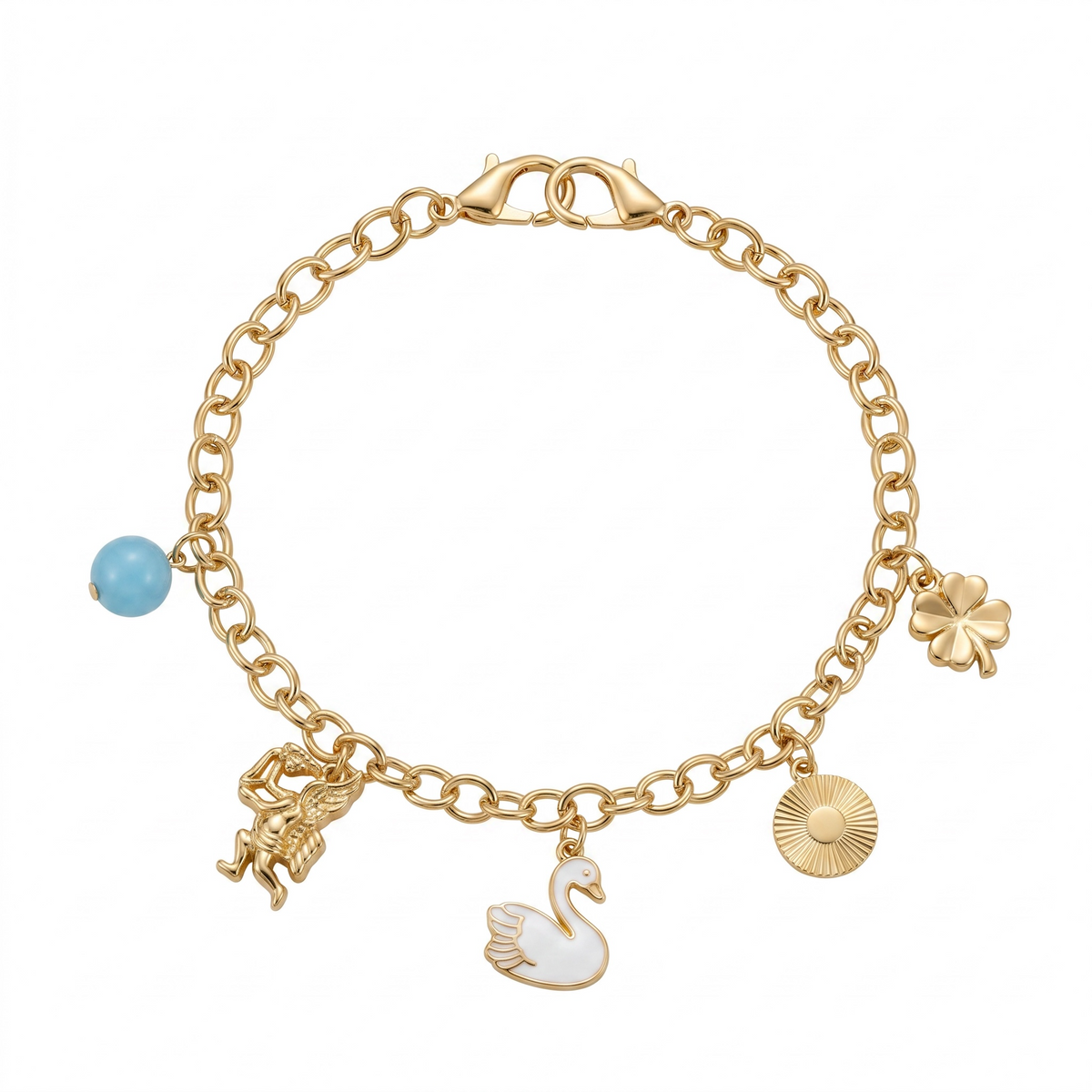 Swan - Four-Leaf-Clover - Cupit - Blue Bead Accent & Gold Tone Bag Charm & Bracelet