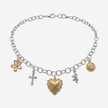 Silver & Gold Tone Bag Charm & Bracelet - Cross, Heart & Flower