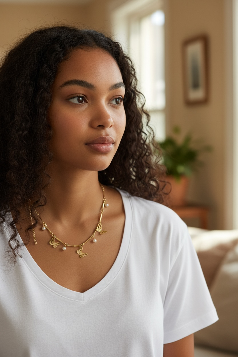 Butterfly charm, pearl accents, and gold-tone necklace