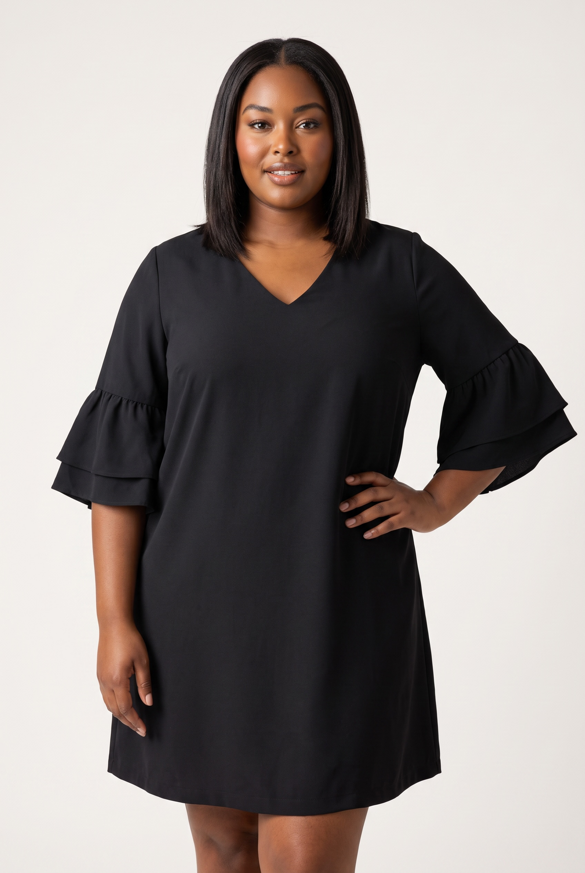 BELONGSCI Women's XL Black V-Neck Ruffle Bell Sleeve Shift Dress NWT