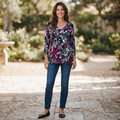 Chico's Women's Size 1 M Magenta Floral V-Neck Long Sleeve Tunic Top NWT