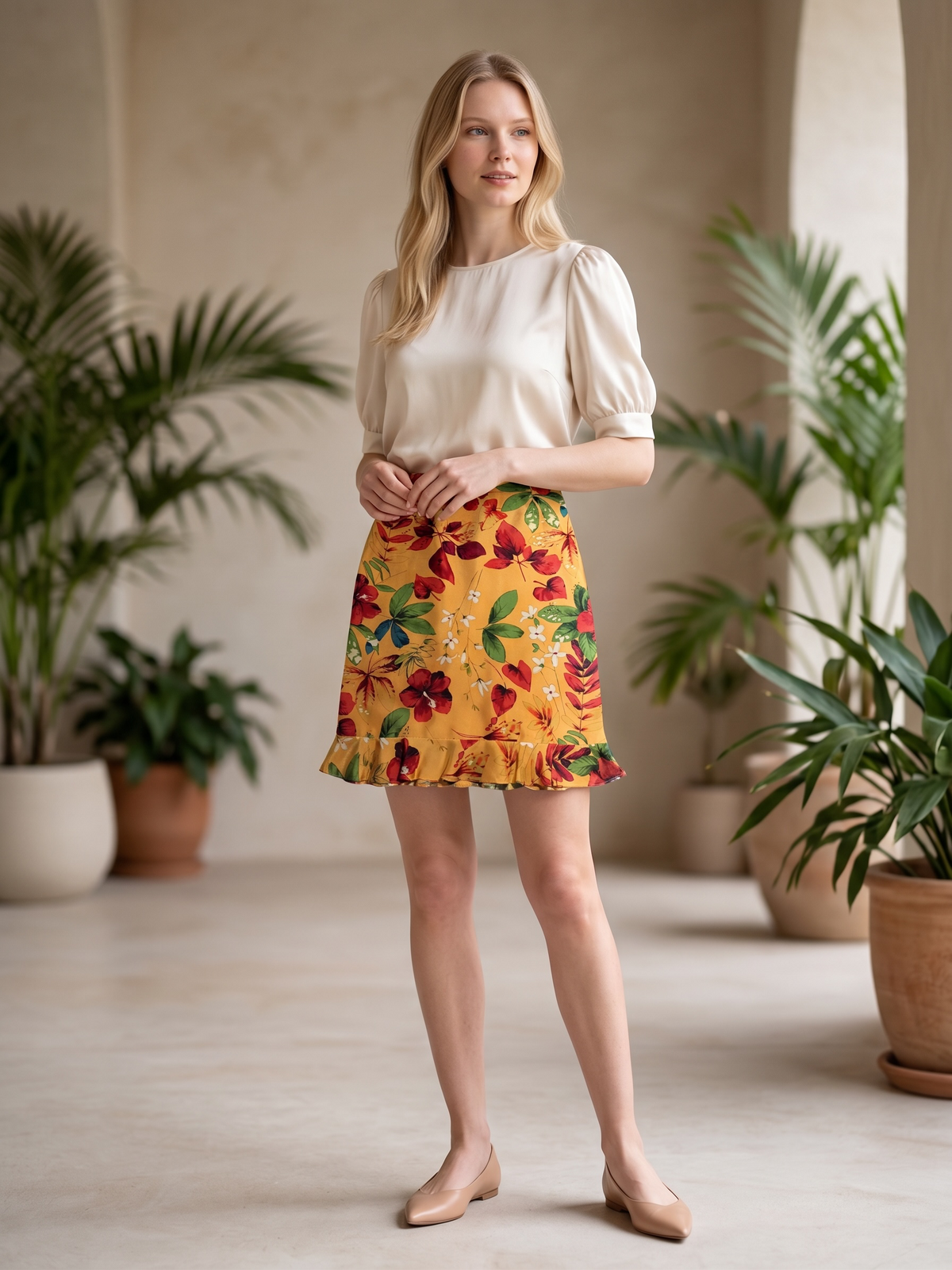 The Works Saks Fifth Avenue Melon Floral Silk Ruffle-Hem Skirt Size 10 - NWT