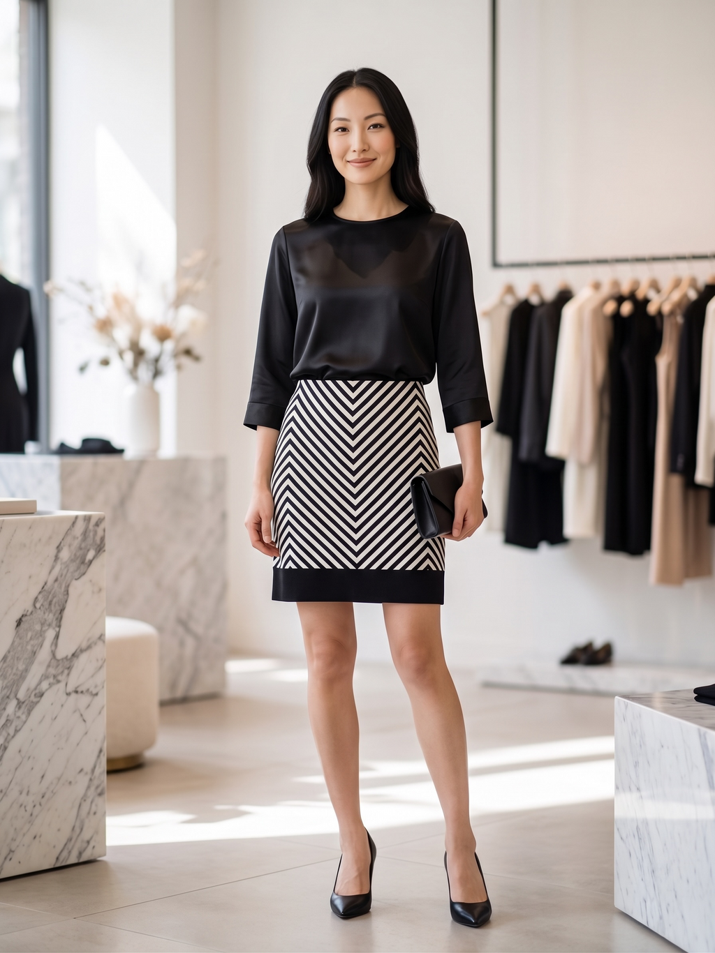KORS Michael Kors Black White Chevron Silk Skirt Size 12 - NWT - 12 / Black & White