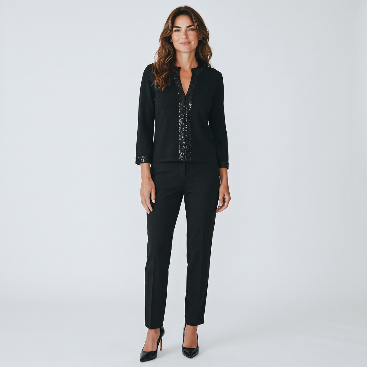 Kari England Nantucket Black Sequin-Trim Open-Front Cardigan XS - NWT