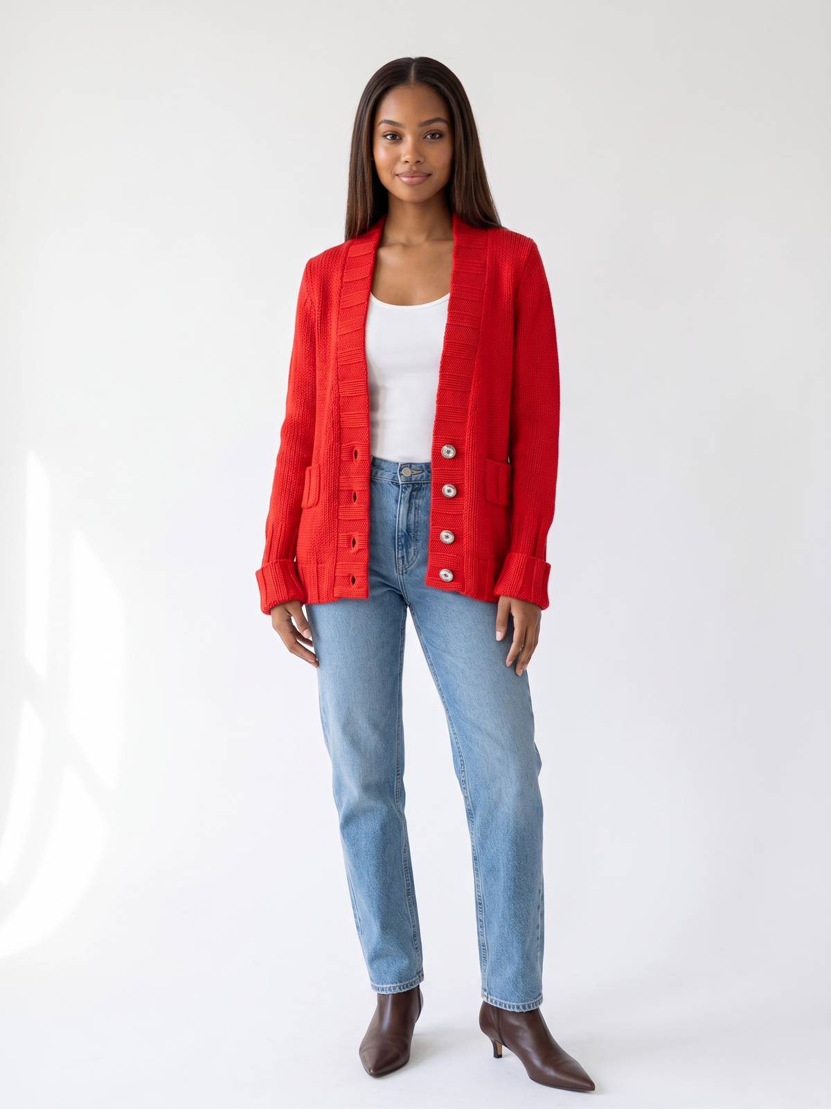 Bloomingdale’s Tomato Red Chunky-Knit Snap-Front Cardigan Medium NWT - Medium / Tomato Red