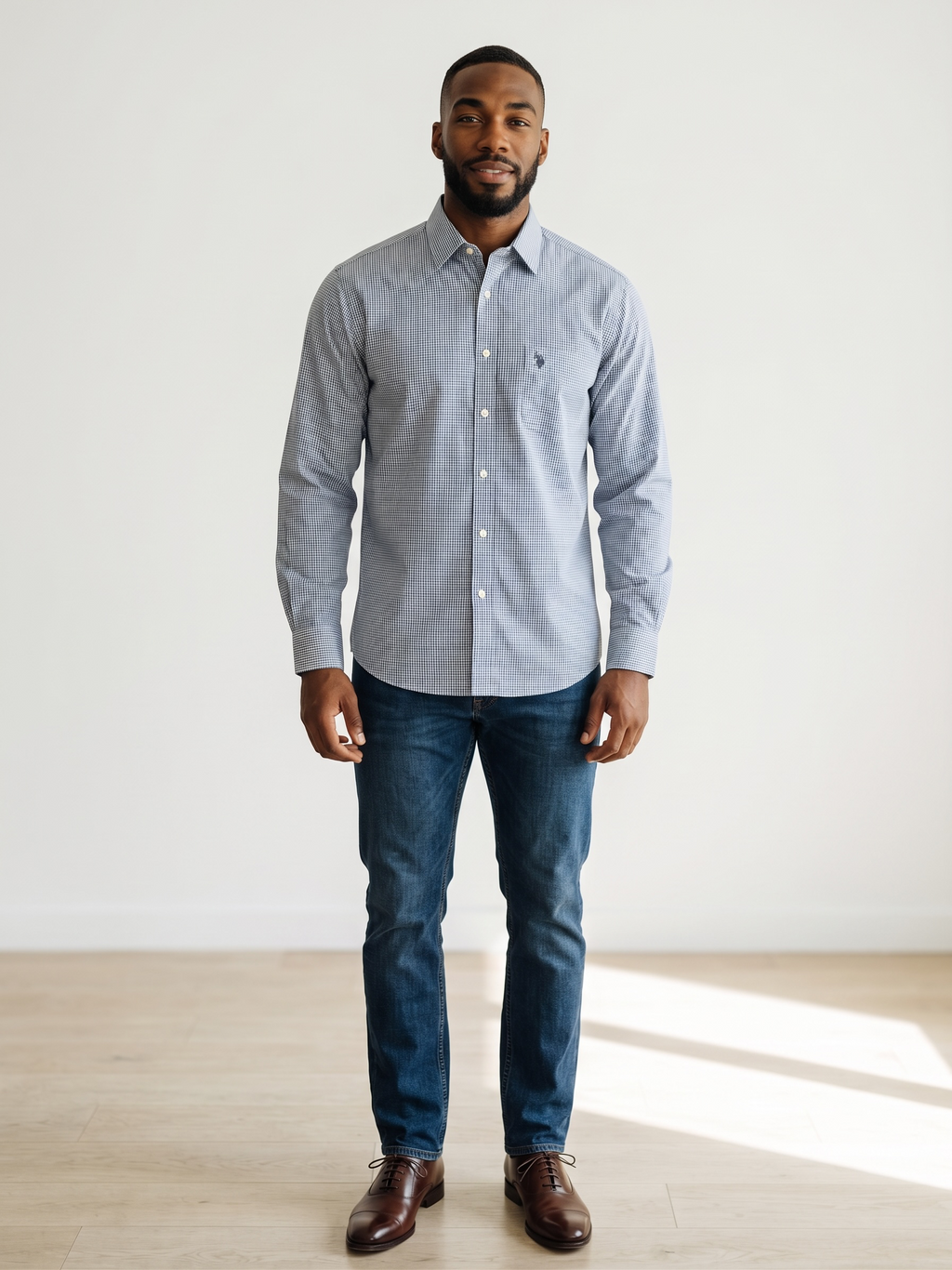 U.S. Polo Assn. Men’s Blue White Gingham Regular-Fit Shirt - Large (16–16.5)