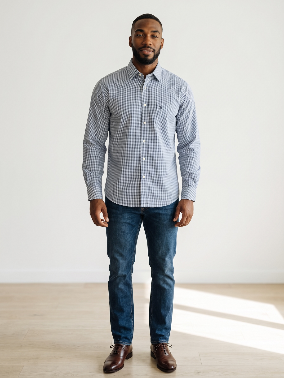 U.S. Polo Assn. Men’s Blue White Gingham Regular-Fit Shirt - Large (16–16.5)