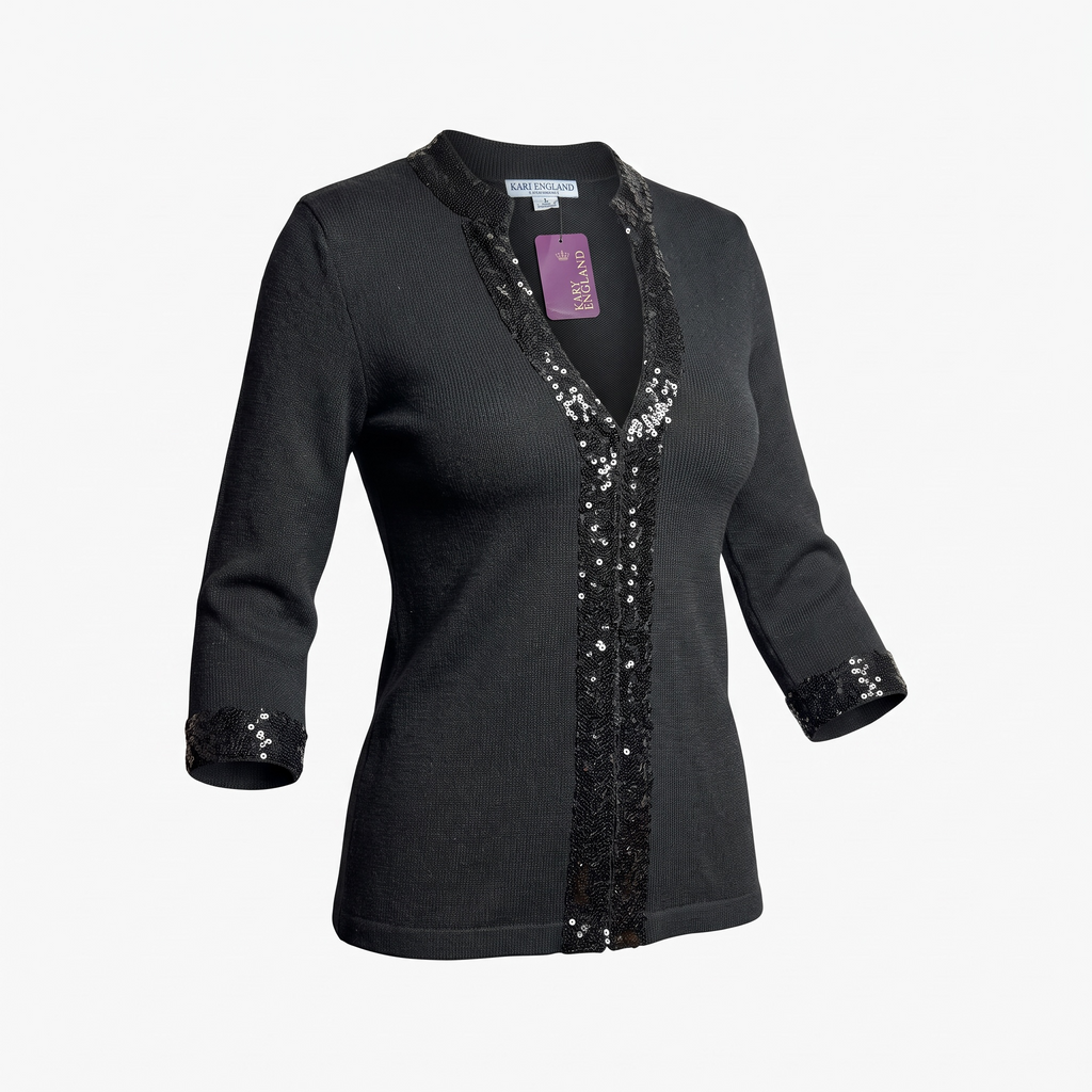 Kari England Nantucket Black Sequin-Trim Open-Front Cardigan XS - NWT